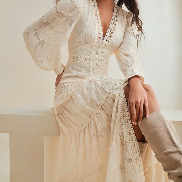 Apricot Elegant Women's V-Neck Puff Sleeve Cinched Waist Dress Maxi Outfit - Picture 1 of 8